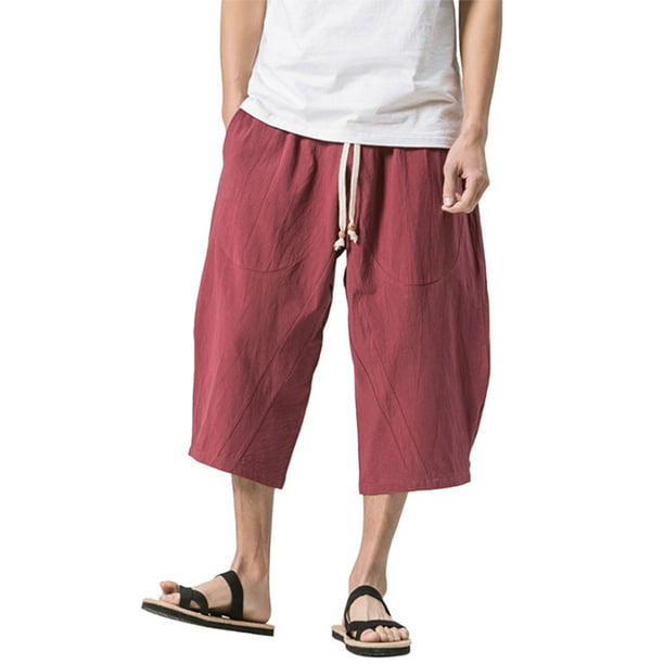 Mens Casual Baggy Cotton Linen Pocket Lounge Harem Pants Beach Capri Shorts 
